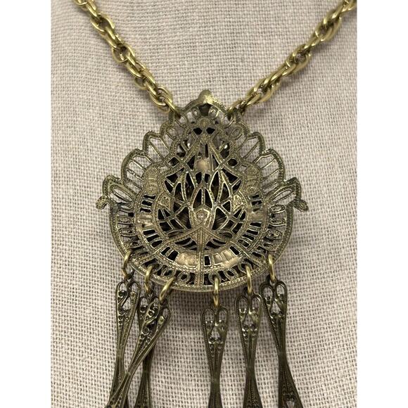 Vintage Gold Tone Dangle And Fringe Medallion Necklace - Picture 5 of 8